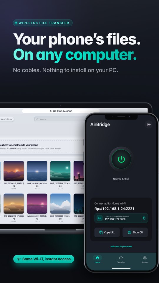 AirBridge on a phone next to the browser file manager on a laptop
