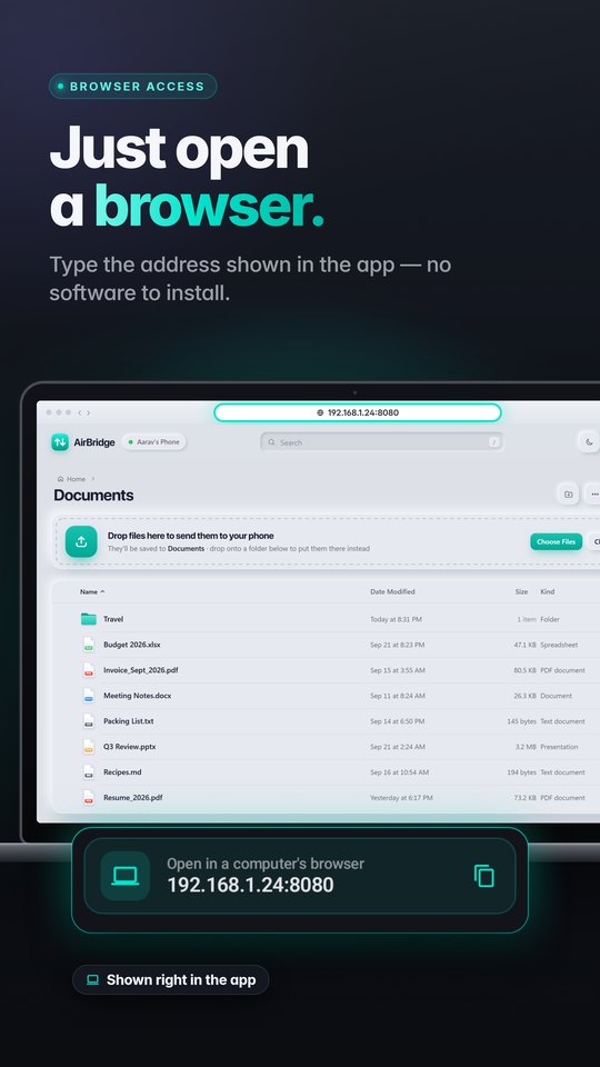 Open the address shown in the app in any browser